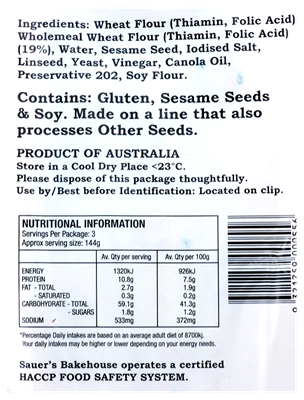 Picture of SAUER'S BAKEHOUSE WHOLEMEAL TURKISH BREAD 430g