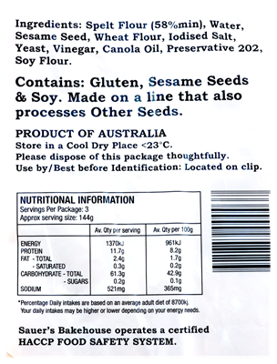 Picture of SAUER'S BAKEHOUSE SPELT TURKISH BREAD 430g